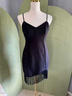 NBD Black Slip Dress with Fringe Hem